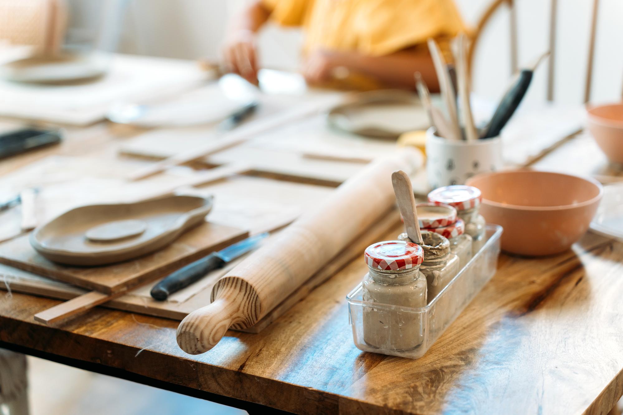 Workshop table with ingredients and notes