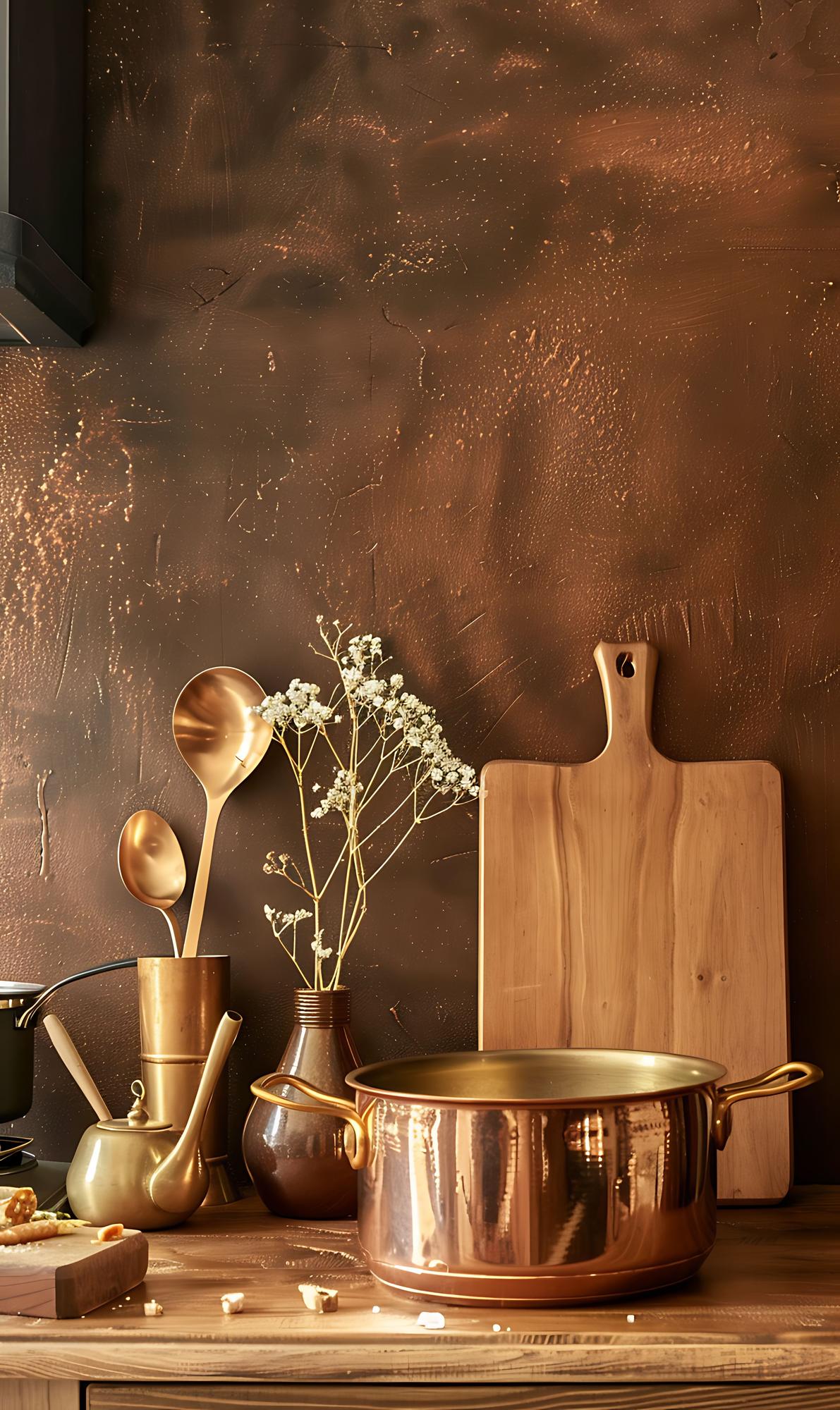 Studio bench with copper pans and ingredients
